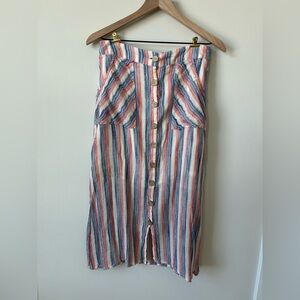 Coastal Boho Striped Midi Skirt | Button Front | Raw Hem | Medium